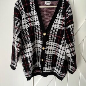 Cuddle Knit  Black & White Plaid Button-Up Sweater Cardigan